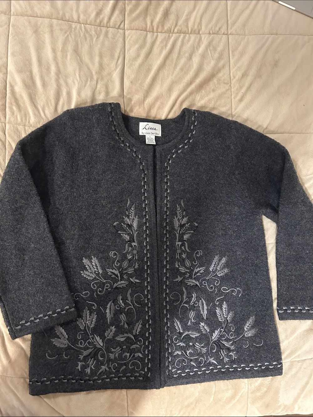 Linea by Louis Dell'olio Embroidered Open Front Wool Grey Cardigan Jacket Size L